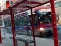 Calgary, Alberta, Canada. October 5, 2022. A Calgary transit bus downtown Calgary at a bus stop near the Calgary tower Royalty Free Stock Photo