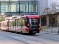 Close up to a Public rapid transit system, light metro rail vehicle in Downtown Calgary Royalty Free Stock Photo