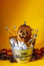 Calgary Alberta, Canada. September 20, 2019. A bucket of icy Corona bottle beers with halloween pumpkins