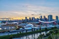 Panorama of Golden Sunset Over Calgary Stampede City Skyline Royalty Free Stock Photo
