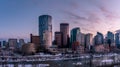 Calgary`s skyline on a winter sunset