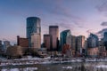 Calgary`s skyline on a winter sunset