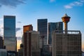 Calgary Tower at Sunset Surrounded by Downtown Alberta Skyscrapers Royalty Free Stock Photo