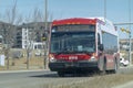 A Calgary Transit bus on the route during spring