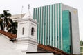 Modern bank building behind Iglesia de la Merced