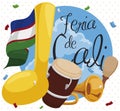 Cali Fair Design with Musical Instruments, Flag and Note, Vector Illustration
