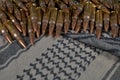 .308 caliber ammunition on a green-gray fabric background