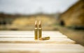 308 caliber ammunition for a rifle standing on a wooden table on the background of the shooting range