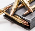 223 caliber bullets along with a loaded 223 caliber rifle magazine