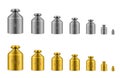 Calibration weights golden, silver range for beam balances. Measuring metal equipment.