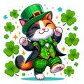 A calico cat, dressed as a leprechaun with a bow tie and vest, dancing a jig surrounded by coins and four leaf clovers Royalty Free Stock Photo