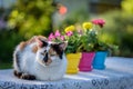 Calico cat laying on lace tablecloth with colorful flower pots Royalty Free Stock Photo