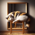 Calico cat sleeps next to a reflective mirror Royalty Free Stock Photo