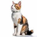 a calico cat sitting on a white background