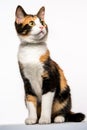 a calico cat sitting on a white background