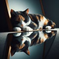 Calico cat sleeps next to a reflective mirror Royalty Free Stock Photo