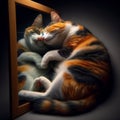Calico cat sleeps next to a reflective mirror Royalty Free Stock Photo