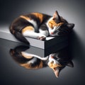 Calico cat sleeps next to a reflective mirror Royalty Free Stock Photo