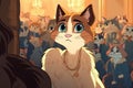 calico cat, wearing a glamorous fur coat and sitting in a luxurious penthouse, surrounded by a group of feline admirers, cartoon Royalty Free Stock Photo