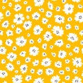 Calico millefleurs seamless pattern. Small white summer wildflowers in a simple hand drawn cartoon style on a yellow
