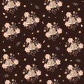 Calico print with country meadow flowers. Cute bunches, leaves, buds and petals on brown background