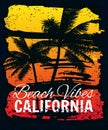 California Beach Vibes sunset print t-shirt design. Poster retro grunge palm tree silhouettes Royalty Free Stock Photo