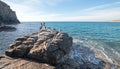 California Brown Pelicans perching on rocky outcrop at Cerritos Beach at Punta Lobos in Baja California Mexico Royalty Free Stock Photo