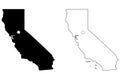 California CA state Map USA with Capital City Star at Sacramento. Black silhouette and outline isolated maps on a white background