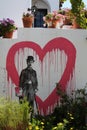 Charlie Chaplin with red heart graffiti in Carmel by the sea, city on the Pacific coast known for its