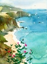 California Coast Seascape Watercolor Nature Illustration Hand Painted