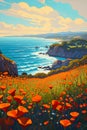 California Dreams: A Vibrant Seascape of Orange Poppies and Ocea