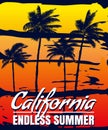 California Endless Summer sunset print t-shirt design. Poster retro palm tree silhouettes Royalty Free Stock Photo