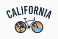 California bicycle t-shirt design. Bike tee shirt with palm trees, flamingo and waves. Typography graphics for apparel print. Royalty Free Stock Photo