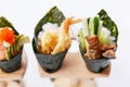 California Hand Roll Sushi Set : Shrimp Tempura and Crispy Tuna Skin with Sliced Cucumber. Royalty Free Stock Photo