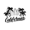 California hand written lettering with palms and surfboards. Royalty Free Stock Photo