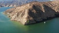 California Landscape: beautiful footage of a boat cruising emerald waters of Castaic lake near Los Angeles on a