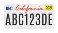 California license vector plate sign. American metal road California license plate symbol template Royalty Free Stock Photo