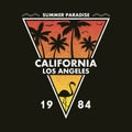 California, Los Angeles - grunge typography for design clothes, t-shirt with flamingo and palm trees. Form of a triangle.