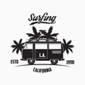 California, Los Angeles surfing typography with surf bus, palm trees and surfboard. Graphics for design clothes, t-shirt, apparel.