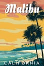 California Malibu Beach retro travel poster vector Royalty Free Stock Photo