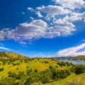 California meadows hill and lake in a blue sky spring Royalty Free Stock Photo