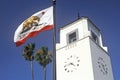 California Republic flag in front of the Union Station Rail Transit in the city of Los Angeles, California