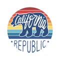 California Republic hand lettering on bear silhouette with sunset retro vector