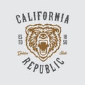 California republic t-shirt design with grizzly bear head. Vector vintage illustration. Royalty Free Stock Photo