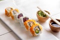 California roll and tuna avocado roll on white plate Royalty Free Stock Photo