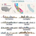 California`s vector high detailed map showing counties formations. Skylines of major cities of California