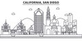 California San Diego architecture line skyline illustration. Linear vector cityscape with famous landmarks, city sights