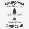 California, San Francisco typography for design clothes, t-shirt. Pacific Ocean surf club graphics. Vector illustration. Royalty Free Stock Photo