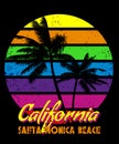 California Santa Monica sunset print t-shirt design. Poster retro grunge palm tree silhouettes Royalty Free Stock Photo