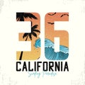 California slogan for surfing t-shirt typography with waves and palm trees. Surf number tee shirt with grunge. Vector Royalty Free Stock Photo